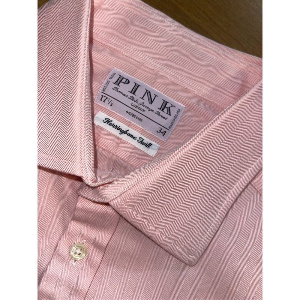 Thomas Pink Herringbone Twill Men 17.5 Pink Long Sleeve French Cuff